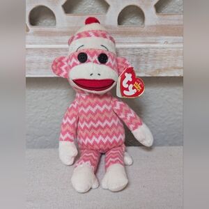 NWT Ty Beanie Babies Socks The Sock Monkey Pink White Zigzag Retired 2011 8"